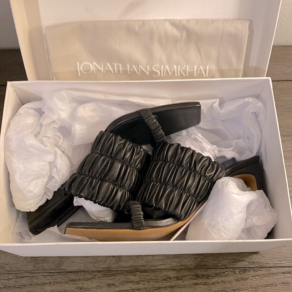 NIB [Jonathan Simkhai] Felix Black Ruched Mules Heel Women’s Sz US 8.5 / EU 39 - Picture 3 of 10